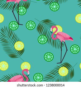 Tropical seamless pattern with flamingos, flower and citrus. Summer background with lemon, lime and flamingos. Birds of the tropics.