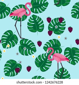 Tropical seamless pattern with flamingos, flower and citrus. Summer background with lemon, lime and flamingos. Birds of the tropics.