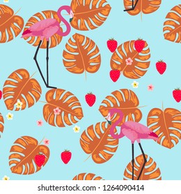 Tropical seamless pattern with flamingos, flower and citrus. Summer background with lemon, lime and flamingos. Birds of the tropics.