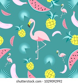 Tropical seamless pattern with flamingos, fruits and exotic leaves.