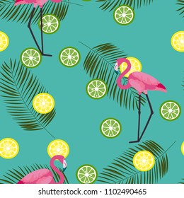 Tropical seamless pattern with flamingos, tropical leaves and citrus. Summer background with lemon, lime and flamingos. Birds of the tropics.