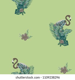 Tropical seamless pattern with flamingos, tropical leaves and hibiscus flowers. Leaves of palm, monstera and banana. Summer background with flamingos.