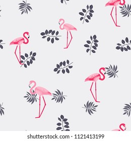 Tropical seamless pattern with flamingos and tropical leaves. Leaves of palm, monstera and banana. Summer background with flamingos.