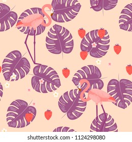 Tropical seamless pattern with flamingos, tropical leaves and strawberries. Summer background with flamingos and strawberries.