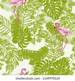 Tropical seamless pattern with flamingos and tropical leaves. Leaves of palm, monstera and banana. Summer background with flamingos.