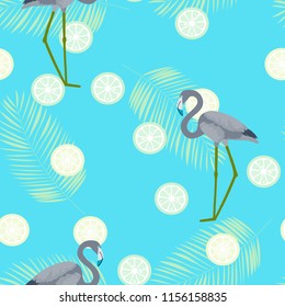 Tropical seamless pattern with flamingos, tropical leaves and strawberries. Summer background with flamingos and strawberries.
