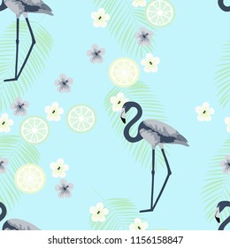 Tropical seamless pattern with flamingos, tropical leaves and strawberries. Summer background with flamingos and strawberries.