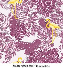 Tropical seamless pattern with flamingos and tropical leaves. Leaves of palm, monstera and banana. Summer background with flamingos.