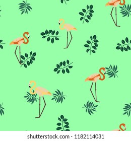 Tropical seamless pattern with flamingos and tropical leaves. Leaves of palm, monstera and banana. Summer background with flamingos.