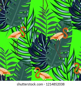 Tropical seamless pattern with flamingos and tropical leaves. Leaves of palm, monstera and banana. Summer background with flamingos.