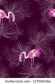 Tropical seamless pattern with flamingos and tropical leaves. Leaves of palm, monstera and banana. Summer background with flamingos.