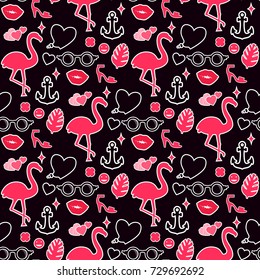 Tropical seamless pattern. Flamingos, leaves, symbols silhouettes. Vector illustration isolated on black background.
