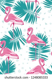 Tropical seamless pattern with flamingos and tropical leaves.Summer background with bird. Exotic seamless pattern with pink flamingo.