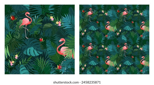 Tropical seamless pattern with flamingos and lush vegetation