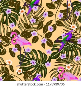 Tropical seamless pattern with flamingos and a parrot. Tropical birds. Summer floral background with tropical plants for covers, wallpaper, paper.