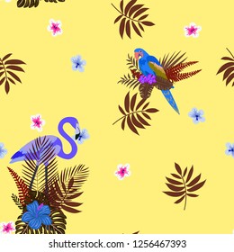 Tropical seamless pattern with flamingos and a parrot. Tropical birds. Summer floral background with tropical plants for covers, wallpaper, paper.