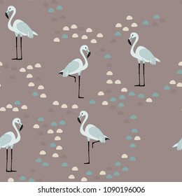 Tropical seamless pattern with flamingos and pebbles on a beige background.