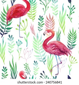 Tropical seamless pattern with flamingos. Repeating texture with palm leaves, watercolor plants and hand drawn flamingo. Vector summer background