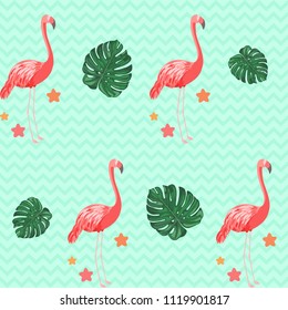 Tropical seamless pattern, flamingos and stars, minty green chevron background. Summer vector illustration flat design, for textile fabric print, paper, surface, card, backdrop, clothing, linen, etc.