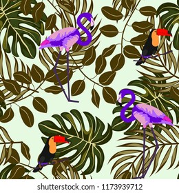 Tropical seamless pattern with flamingos and a toucan. Tropical birds. Summer floral background with tropical plants for covers, wallpaper, paper.