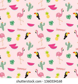 Tropical seamless pattern with flamingos, toucans, cactuses and tropical fruits.