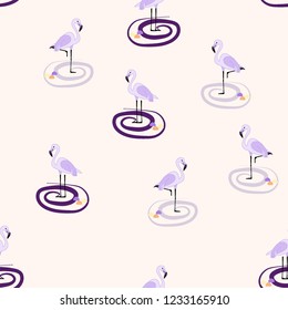 Tropical seamless pattern with flamingos.Summer background with bird. Exotic seamless pattern with pink flamingo.