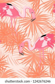 Tropical seamless pattern with flamingos.Summer background with bird. Exotic seamless pattern with pink flamingo.