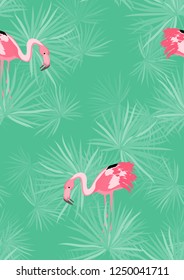 Tropical seamless pattern with flamingos.Summer background with bird. Exotic seamless pattern with pink flamingo.