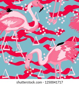 Tropical seamless pattern with flamingos.Summer background with bird. Exotic seamless pattern with pink flamingo.