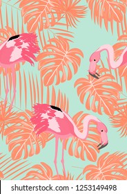 Tropical seamless pattern with flamingos.Summer background with bird. Exotic seamless pattern with pink flamingo.