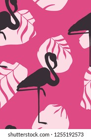 Tropical seamless pattern with flamingos.Summer background with bird. Exotic seamless pattern with pink flamingo.