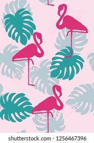 Tropical seamless pattern with flamingos.Summer background with bird. Exotic seamless pattern with pink flamingo.