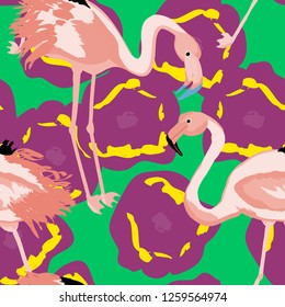 Tropical seamless pattern with flamingos.Summer background with bird. Exotic seamless pattern with pink flamingo.