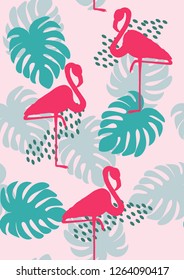 Tropical seamless pattern with flamingos.Summer background with bird. Exotic seamless pattern with pink flamingo.