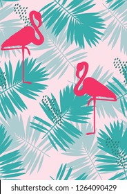 Tropical seamless pattern with flamingos.Summer background with bird. Exotic seamless pattern with pink flamingo.