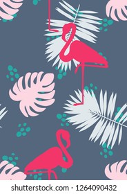 Tropical seamless pattern with flamingos.Summer background with bird. Exotic seamless pattern with pink flamingo.