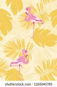 Tropical seamless pattern with flamingos.Summer background with bird. Exotic seamless pattern with pink flamingo.