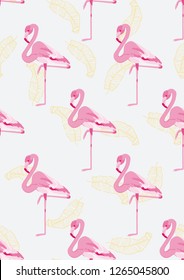 Tropical seamless pattern with flamingos.Summer background with bird. Exotic seamless pattern with pink flamingo.