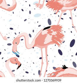 Tropical seamless pattern with flamingos.Summer background with bird. Exotic seamless pattern with pink flamingo.