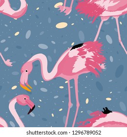 Tropical seamless pattern with flamingos.Summer background with bird. Exotic seamless pattern with pink flamingo.
