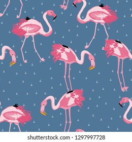 Tropical seamless pattern with flamingos.Summer background with bird. Exotic seamless pattern with pink flamingo.