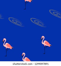 Tropical seamless pattern with flamingos.Summer background with bird. Exotic seamless pattern with pink flamingo.