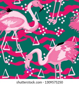 Tropical seamless pattern with flamingos.Summer background with bird. Exotic seamless pattern with pink flamingo.