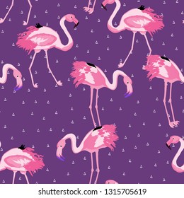 Tropical seamless pattern with flamingos.Summer background with bird. Exotic seamless pattern with pink flamingo.
