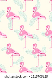 Tropical seamless pattern with flamingos.Summer background with bird. Exotic seamless pattern with pink flamingo.