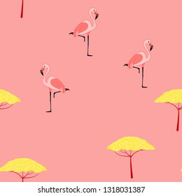 Tropical seamless pattern with flamingos.Summer background with bird. Exotic seamless pattern with pink flamingo.