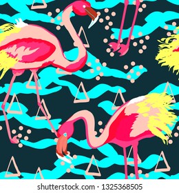Tropical seamless pattern with flamingos.Summer background with bird. Exotic seamless pattern with pink flamingo.