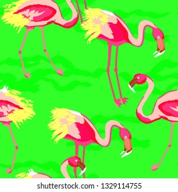 Tropical seamless pattern with flamingos.Summer background with bird. Exotic seamless pattern with pink flamingo.