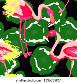 Tropical seamless pattern with flamingos.Summer background with bird. Exotic seamless pattern with pink flamingo.