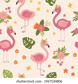 Patrón tropical sin soldadura con flamingo rosa floral. Fondo vectorial de dibujos animados con flamingo. Para el diseño de textiles, papel de envoltura, papel pintado.